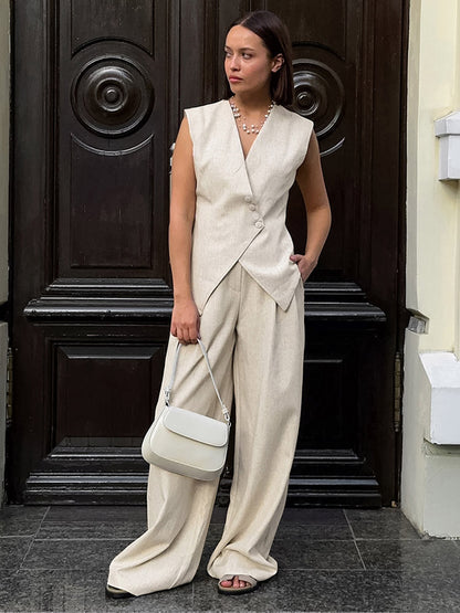 Two Piece Sets Khaki Chic Daily Casual Linen V-Neck Sleeveless Top Pant Set