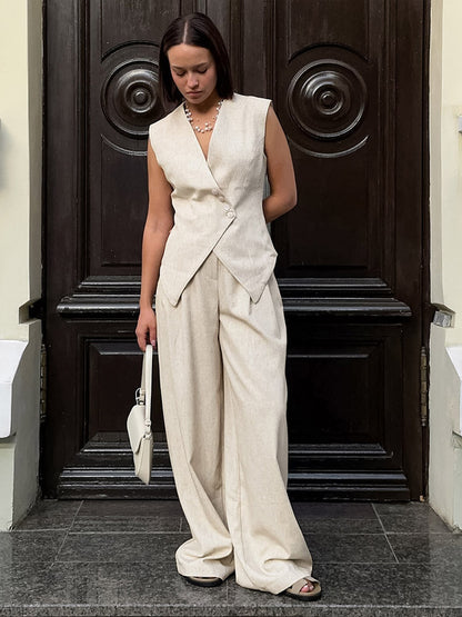 Two Piece Sets Khaki Chic Daily Casual Linen V-Neck Sleeveless Top Pant Set