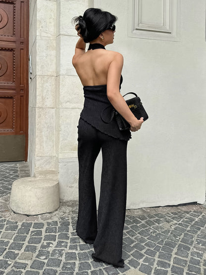 Two Piece Sets Green Halter Backless Sleeveless Top Pant Set