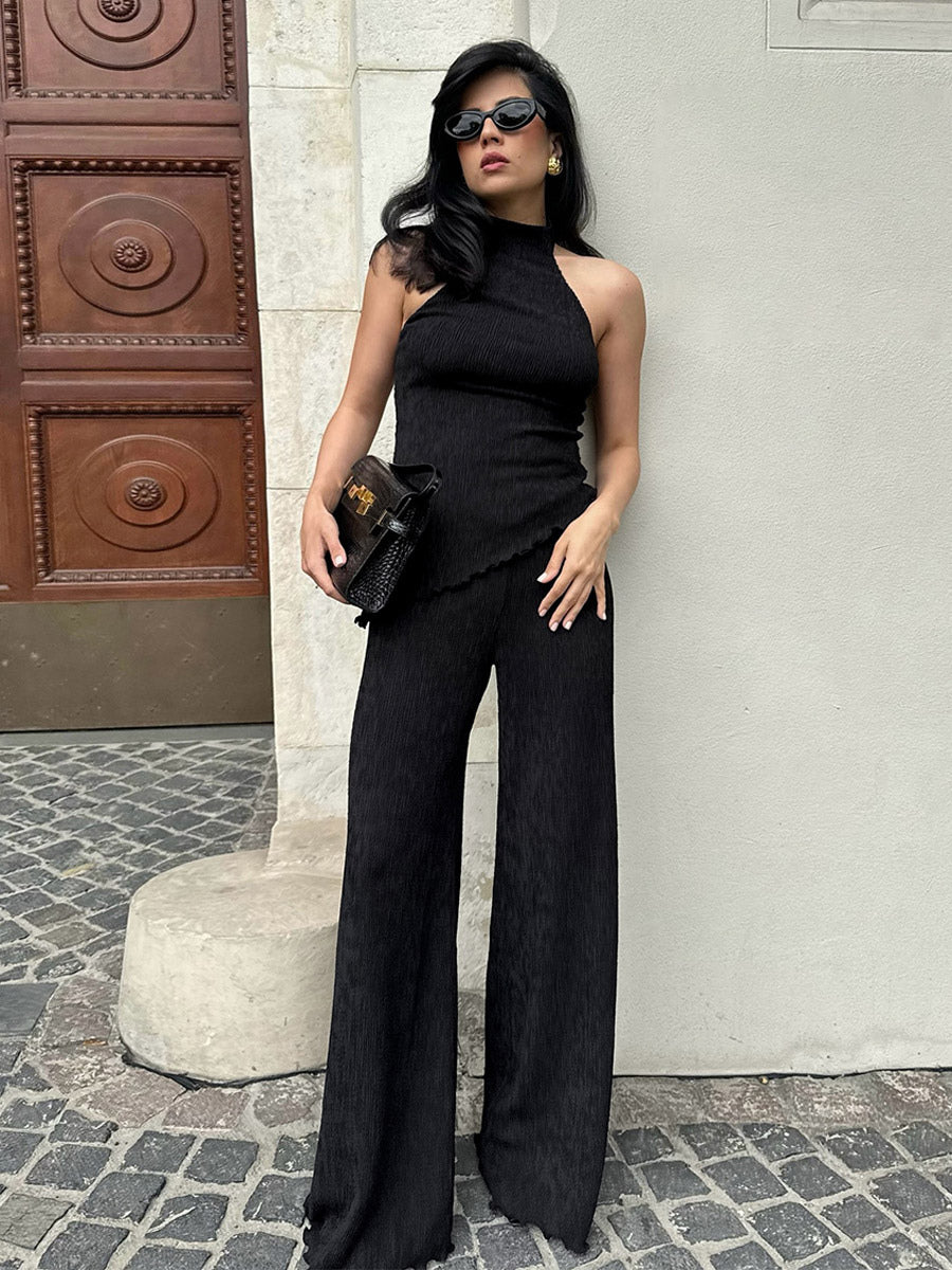 Two Piece Sets Green Halter Backless Sleeveless Top Pant Set