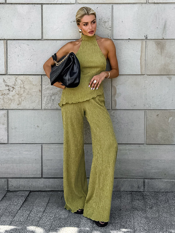 Two Piece Sets Green Halter Backless Sleeveless Top Pant Set