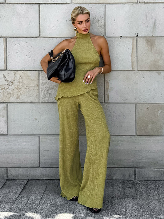 Two Piece Sets Green Halter Backless Sleeveless Top Pant Set