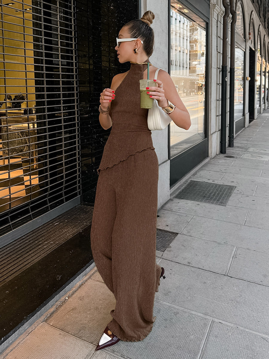 Two Piece Sets Green Halter Backless Sleeveless Top Pant Set