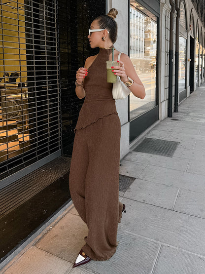 Two Piece Sets Green Halter Backless Sleeveless Top Pant Set