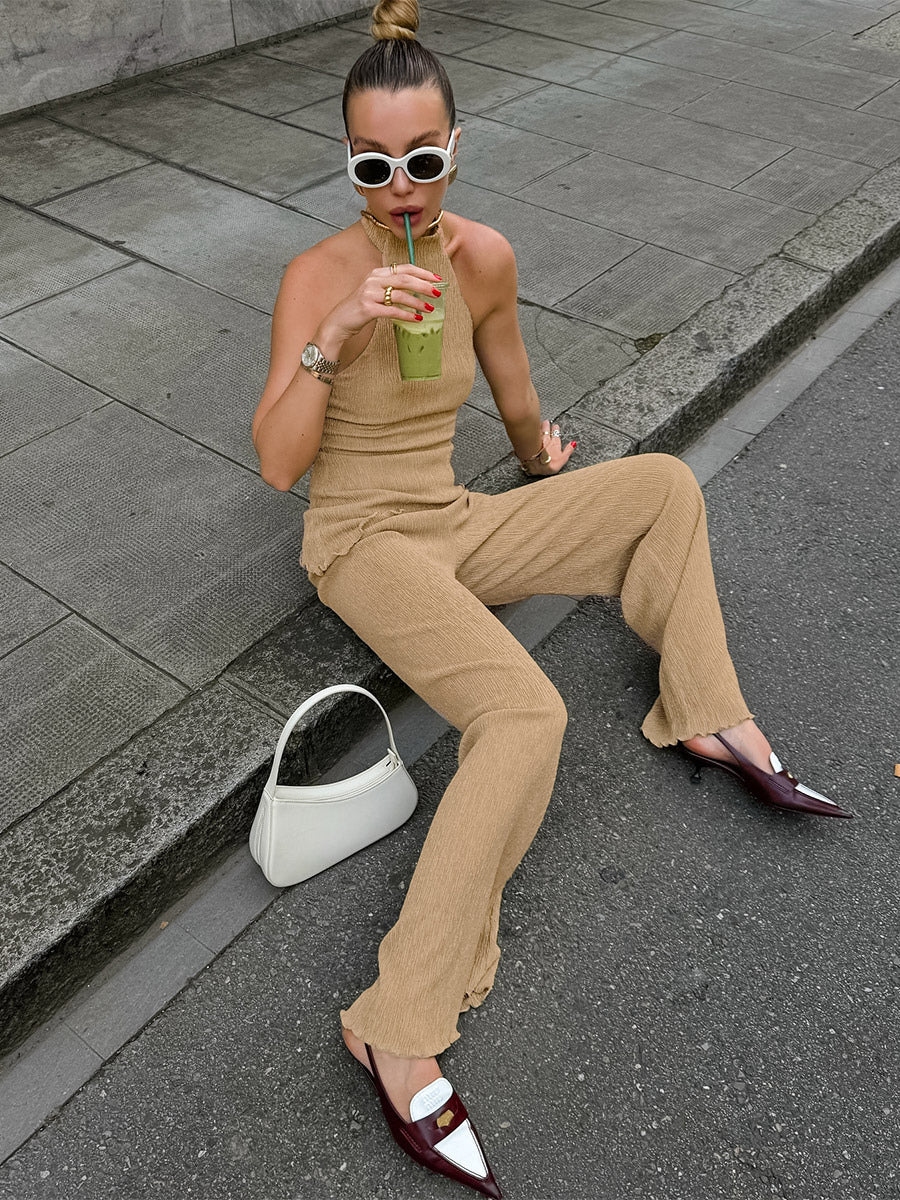 Two Piece Sets Green Halter Backless Sleeveless Top Pant Set