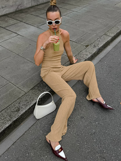 Two Piece Sets Green Halter Backless Sleeveless Top Pant Set