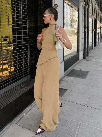 Two Piece Sets Green Halter Backless Sleeveless Top Pant Set