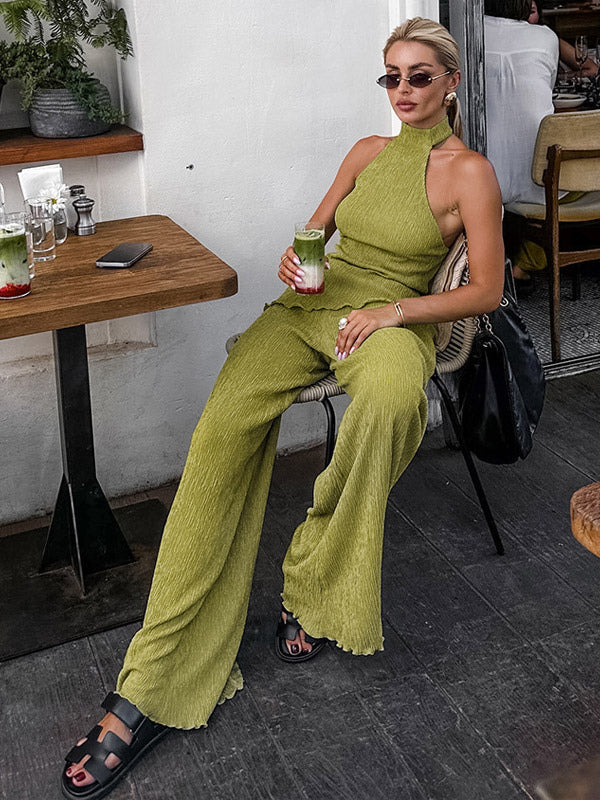 Two Piece Sets Green Halter Backless Sleeveless Top Pant Set