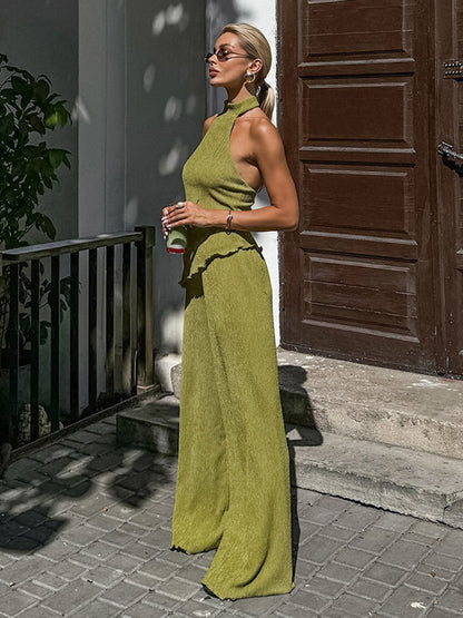 Two Piece Sets Green Halter Backless Sleeveless Top Pant Set