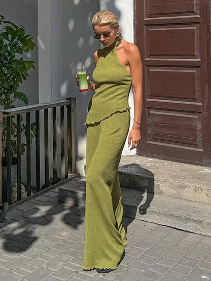 Two Piece Sets Green Halter Backless Sleeveless Top Pant Set
