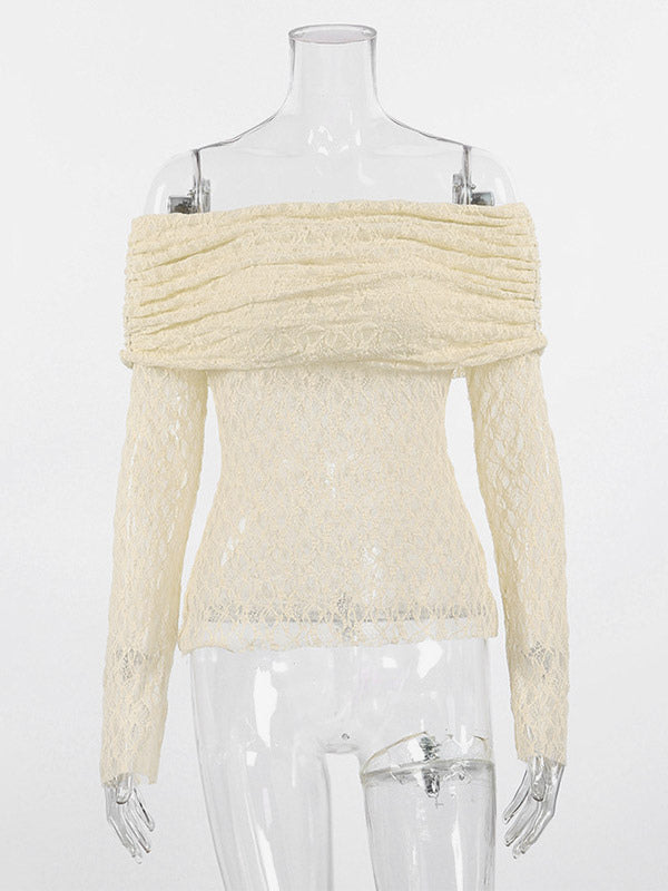 Blouse For Women Apricot Pleated Ruched Lace Off-The-Shoulder Elegant Long Sleeves Tops