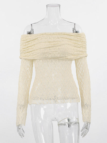 Blouse For Women Apricot Pleated Ruched Lace Off-The-Shoulder Elegant Long Sleeves Tops