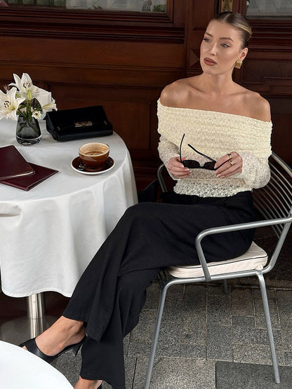 Blouse For Women Apricot Pleated Ruched Lace Off-The-Shoulder Elegant Long Sleeves Tops