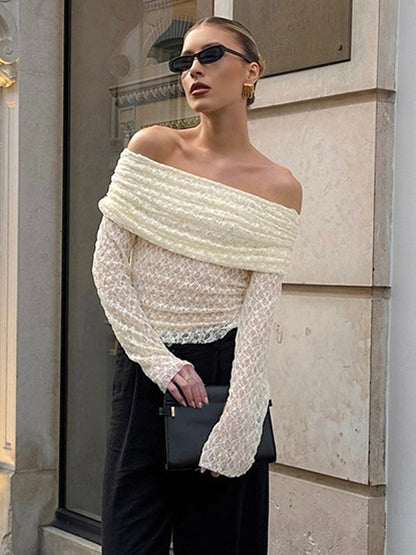 Blouse For Women Apricot Pleated Ruched Lace Off-The-Shoulder Elegant Long Sleeves Tops