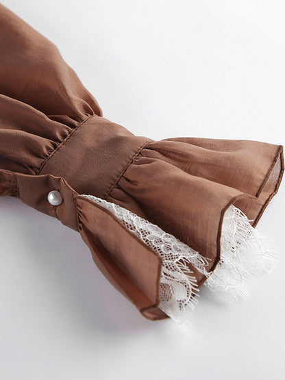 Blouse For Women Brown Stand Collar Clothes Casual Lace Buttons Long Sleeves Tops