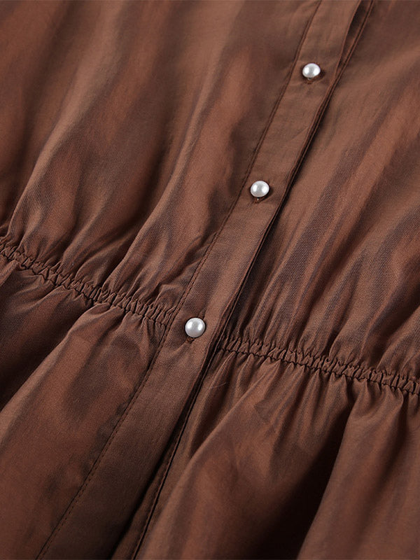 Blouse For Women Brown Stand Collar Clothes Casual Lace Buttons Long Sleeves Tops