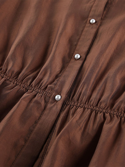 Blouse For Women Brown Stand Collar Clothes Casual Lace Buttons Long Sleeves Tops