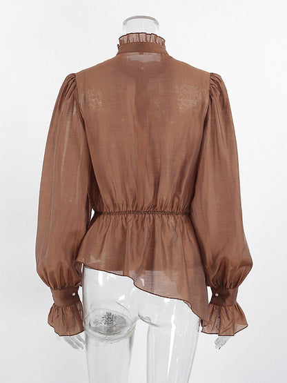 Blouse For Women Brown Stand Collar Clothes Casual Lace Buttons Long Sleeves Tops