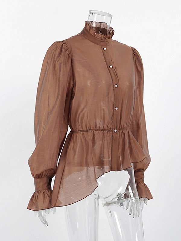 Blouse For Women Brown Stand Collar Clothes Casual Lace Buttons Long Sleeves Tops