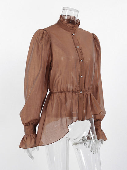 Blouse For Women Brown Stand Collar Clothes Casual Lace Buttons Long Sleeves Tops