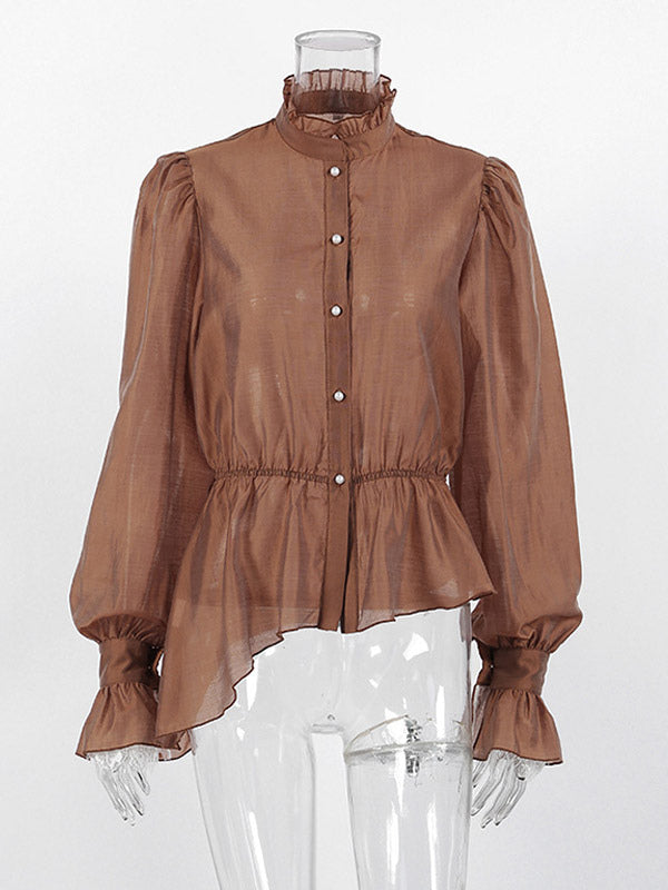 Blouse For Women Brown Stand Collar Clothes Casual Lace Buttons Long Sleeves Tops
