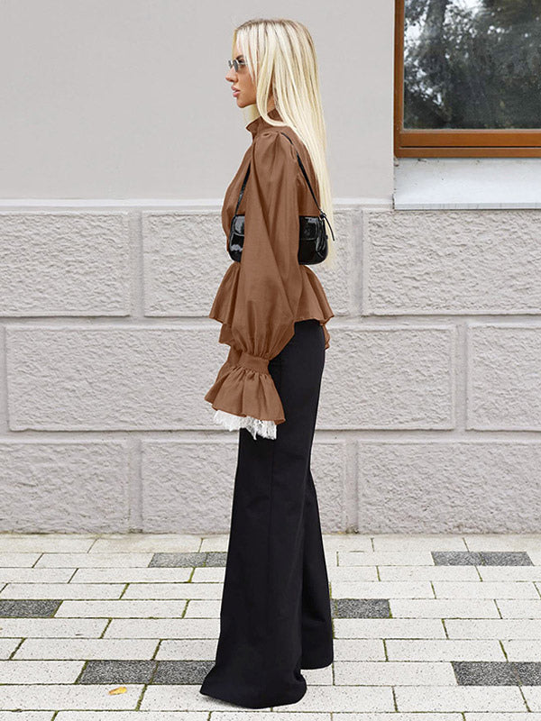 Blouse For Women Brown Stand Collar Clothes Casual Lace Buttons Long Sleeves Tops