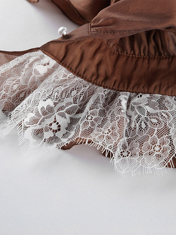 Blouse For Women Brown Stand Collar Clothes Casual Lace Buttons Long Sleeves Tops