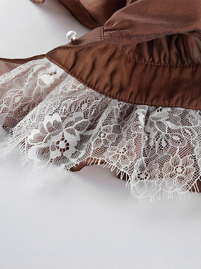 Blouse For Women Brown Stand Collar Clothes Casual Lace Buttons Long Sleeves Tops