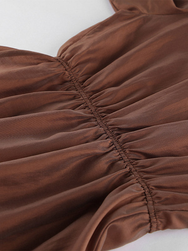 Blouse For Women Brown Stand Collar Clothes Casual Lace Buttons Long Sleeves Tops