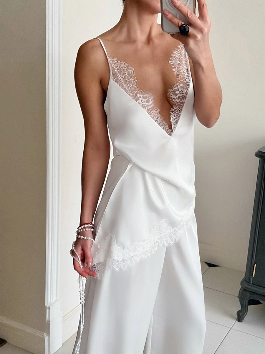 White Cami Top Straps Neck Strappy Lace Adjustable Straps Chic Women Camis