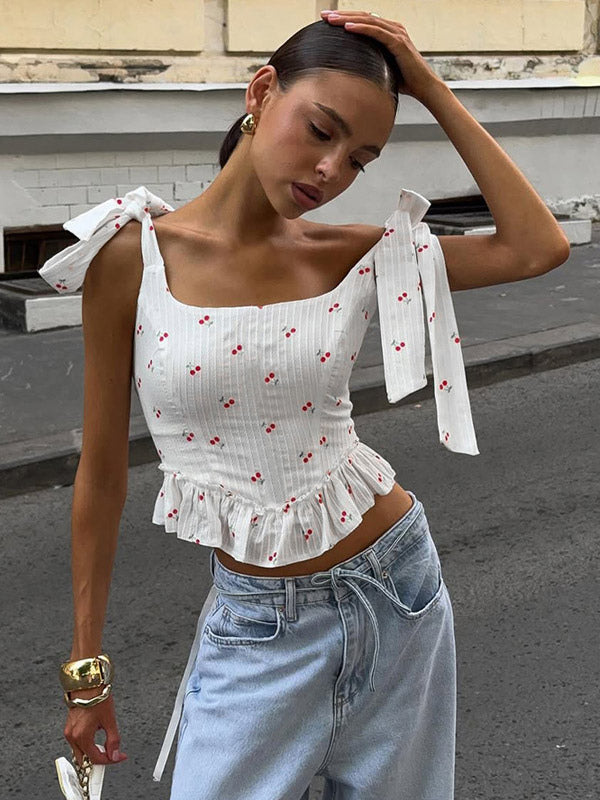 White Cami Top U-Neck Ruffles Strappy Cotton Ruffled Sexy Women Camis