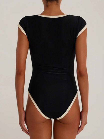 Short Sleeves Bodysuit Black Jewel Neck Buttons Athletic Women Top