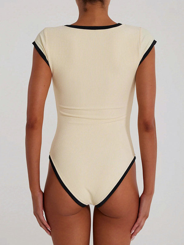 Short Sleeves Bodysuit Black Jewel Neck Buttons Athletic Women Top