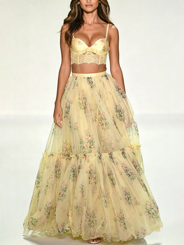 Two Piece Sets Apricot Printed Party Lace Chic Straps Neck Sleeveless Skirt Set