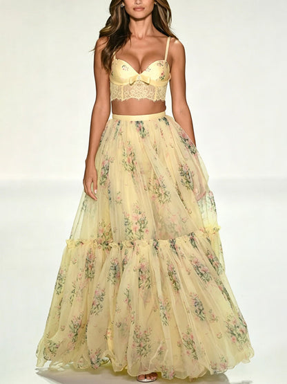 Two Piece Sets Apricot Printed Party Lace Chic Straps Neck Sleeveless Skirt Set
