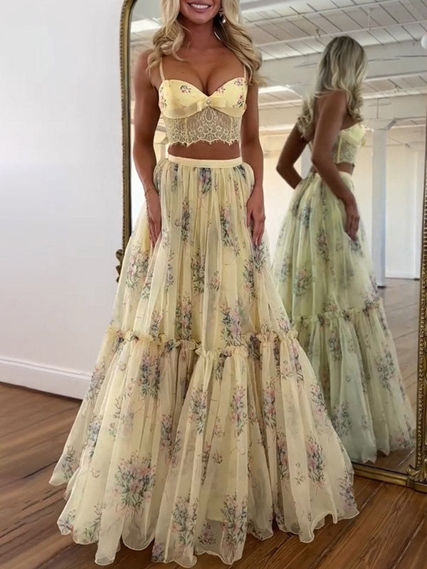 Two Piece Sets Apricot Printed Party Lace Chic Straps Neck Sleeveless Skirt Set
