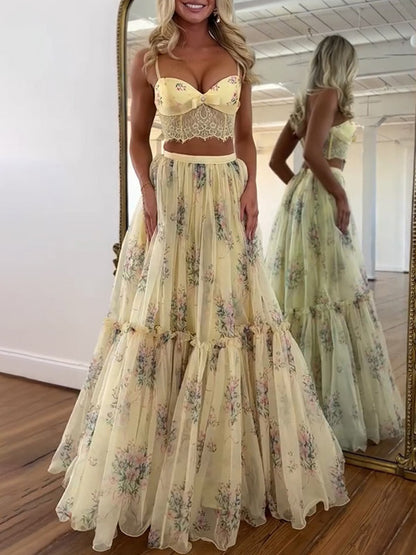 Two Piece Sets Apricot Printed Party Lace Chic Straps Neck Sleeveless Skirt Set