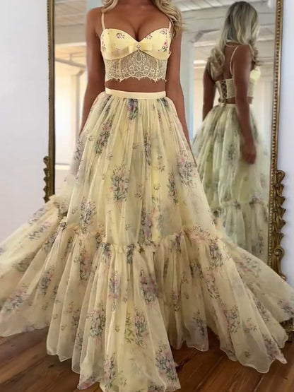 Two Piece Sets Apricot Printed Party Lace Chic Straps Neck Sleeveless Skirt Set