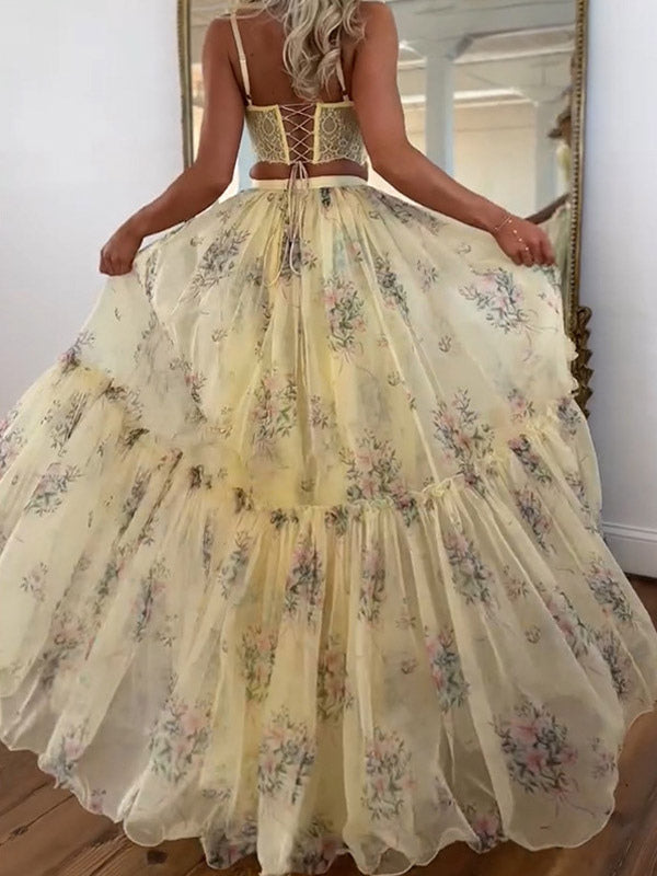 Two Piece Sets Apricot Printed Party Lace Chic Straps Neck Sleeveless Skirt Set