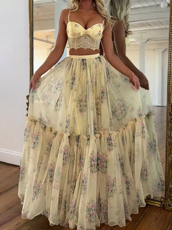 Two Piece Sets Apricot Printed Party Lace Chic Straps Neck Sleeveless Skirt Set