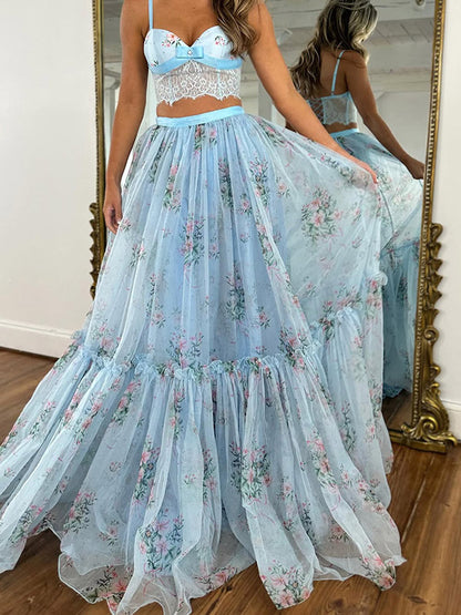 Two Piece Sets Apricot Printed Party Lace Chic Straps Neck Sleeveless Skirt Set
