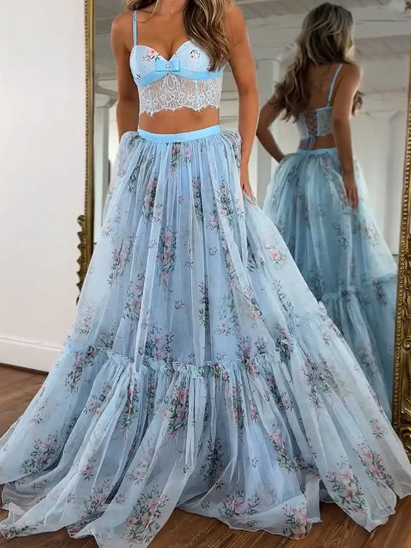 Two Piece Sets Apricot Printed Party Lace Chic Straps Neck Sleeveless Skirt Set