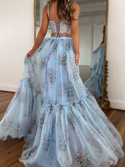 Two Piece Sets Apricot Printed Party Lace Chic Straps Neck Sleeveless Skirt Set