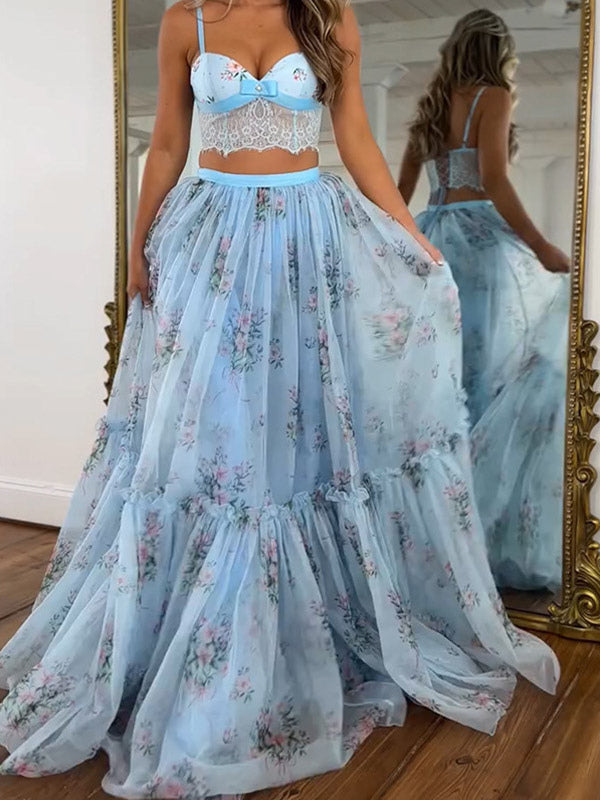 Two Piece Sets Apricot Printed Party Lace Chic Straps Neck Sleeveless Skirt Set