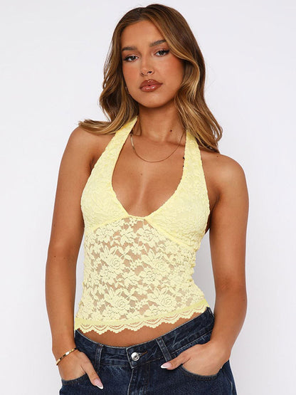 Cami Halter Pink Top U-Neck Lace Chic Backless Camis For Women