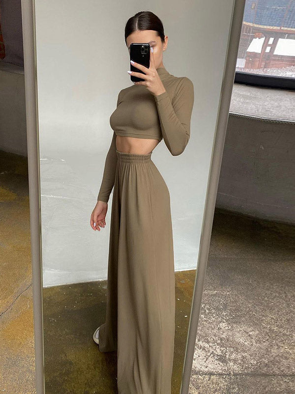 Two Piece Sets Gray Casual Party High Collar One Sleeve Long Sleeves Pant Set