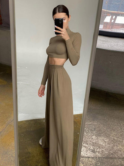 Two Piece Sets Gray Casual Party High Collar One Sleeve Long Sleeves Pant Set