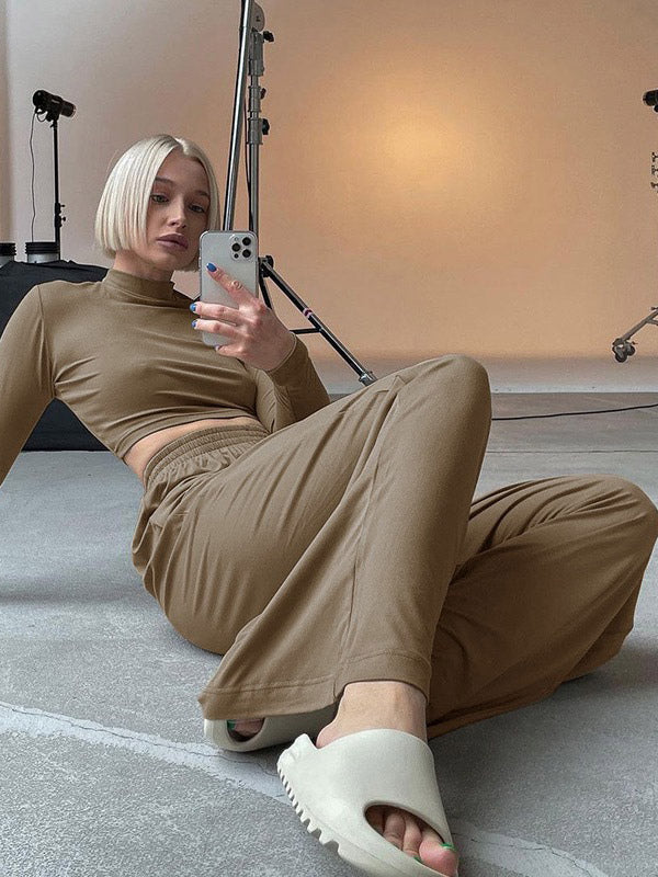 Two Piece Sets Gray Casual Party High Collar One Sleeve Long Sleeves Pant Set