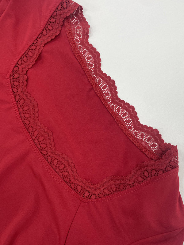 Women Crop Top Coffee Brown Lace Jewel Neck Long Sleeves Chic Tops