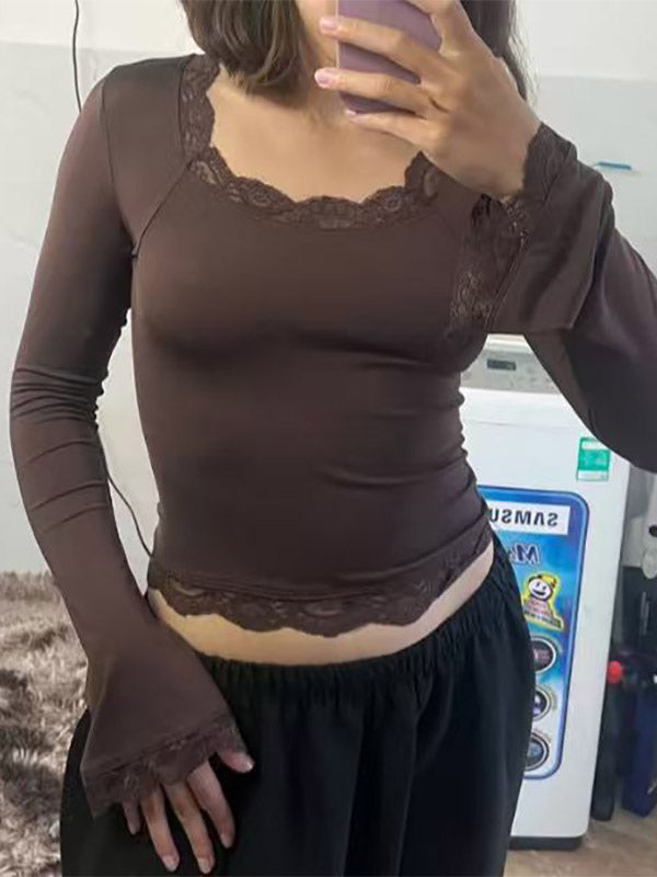 Women Crop Top Coffee Brown Lace Jewel Neck Long Sleeves Chic Tops